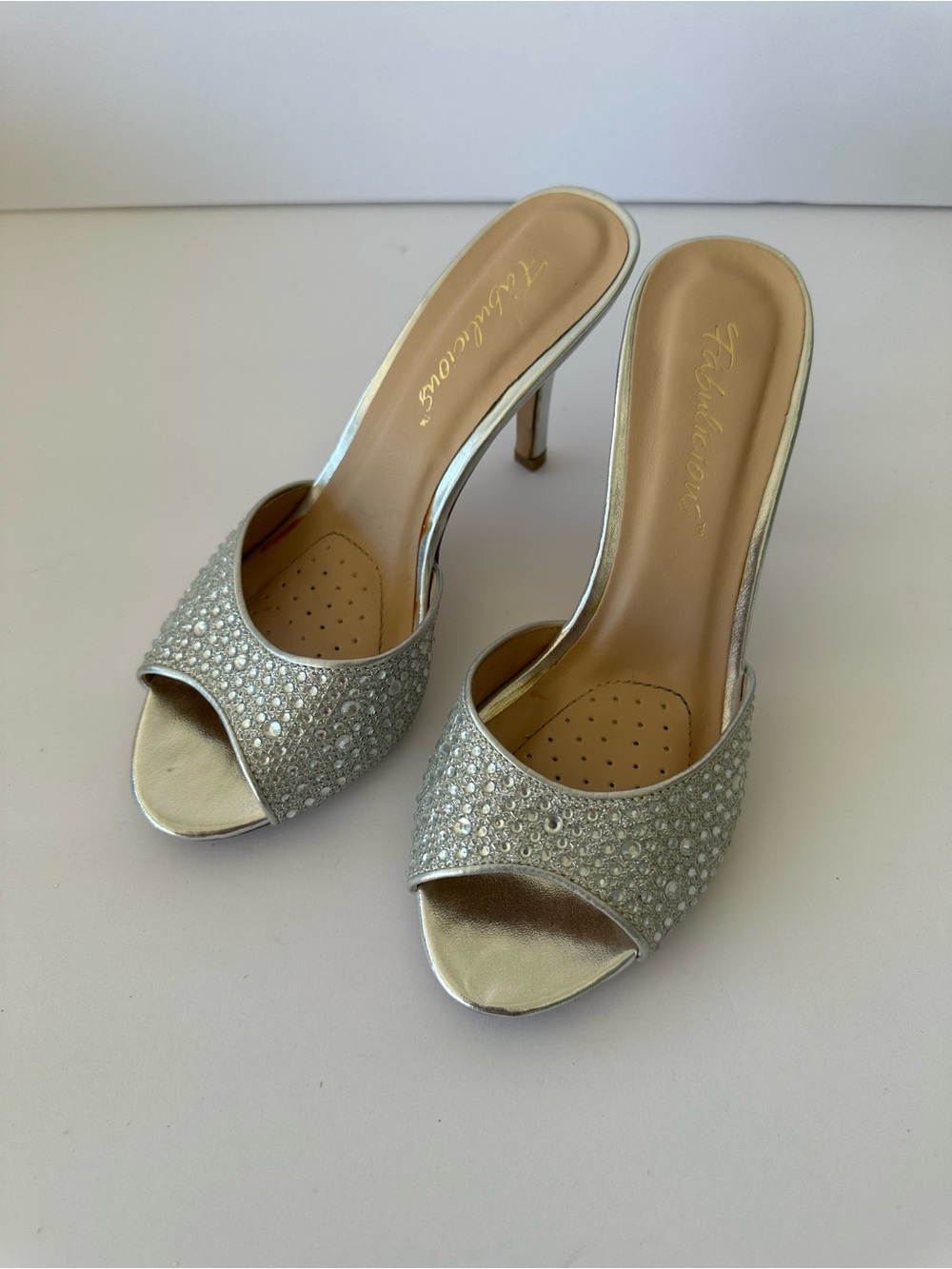 Silver Embellished Open-Toe High Heel Mules